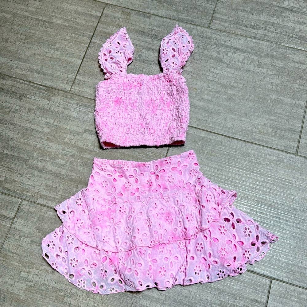 Like new FBZ two-piece eyelet tiered ruffle mini-skirt with matching top